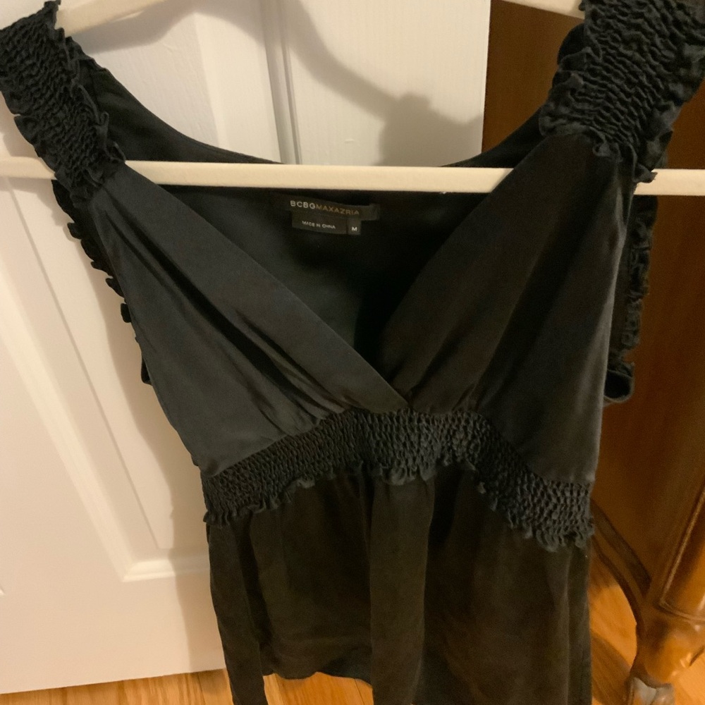 BCBGMaxAzria Black Smocked Sleeveless Blouse